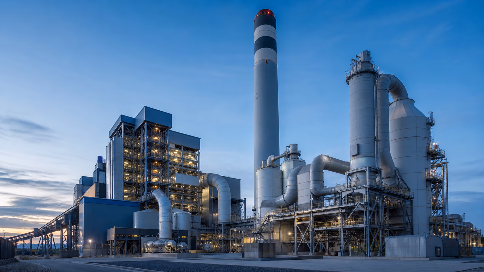 Modern thermal power plant with boiler house, chimney and flue-gas treatment equipment
